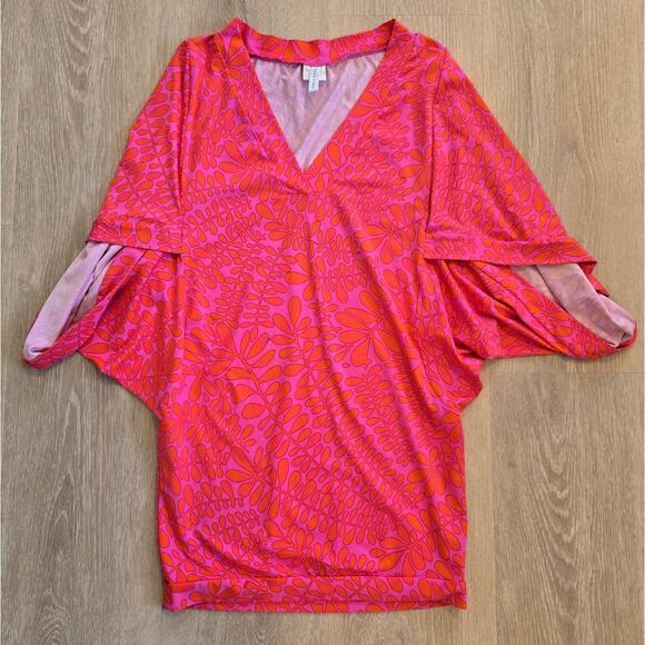 Trina Turk Pink Orange V-Neck Print Tunic Top Sz M Boho Resort Chic Blouse - Picture 1 of 6